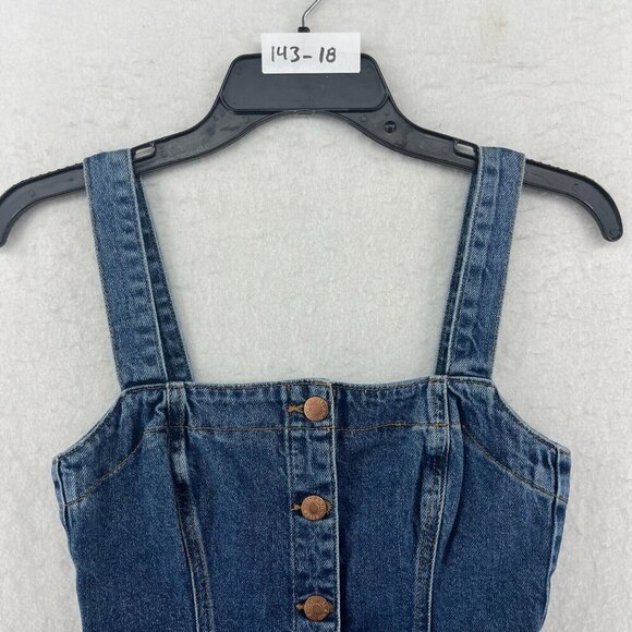 River Island Overall Dress Women's 4 Blue Denim Sleeveless Button Front Raw Hem - Picture 12 of 12